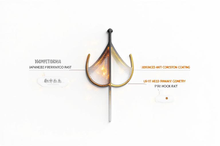 Infografica tecnica degli ami Giada Ami che mostra la forgiatura, il rivestimento anti-corrosione e la geometria della punta.