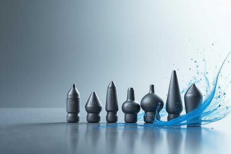 Prodotti di piombi da pesca aerodinamici con forme diverse (bullet, drop shot) e visualizzazioni di flusso d'aria.