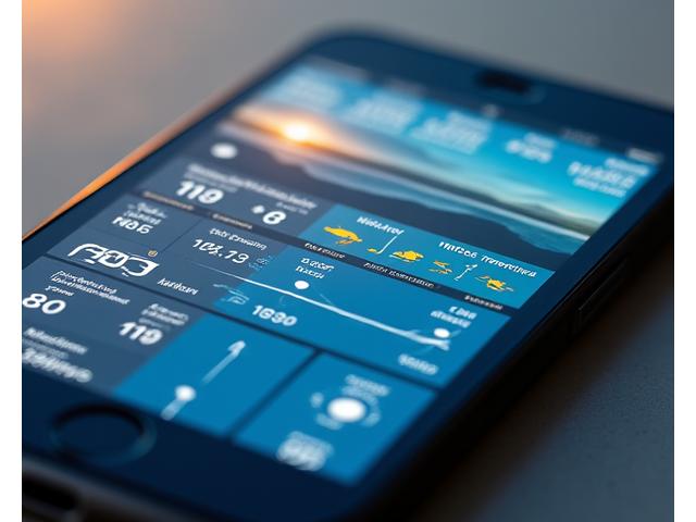Schermata di una app meteo per la pesca che mostra previsioni dettagliate e condizioni dell'acqua