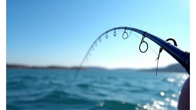 Un pescatore lancia con grande precisione, la canna è piegata in azione e il filo vola verso l'orizzonte.