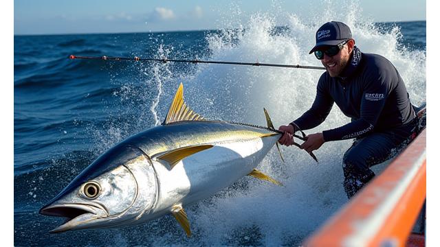 Pescatore su una barca da pesca sportiva che combatte con un grande tonno, con una canna Giada Ami che si flette sotto tensione.