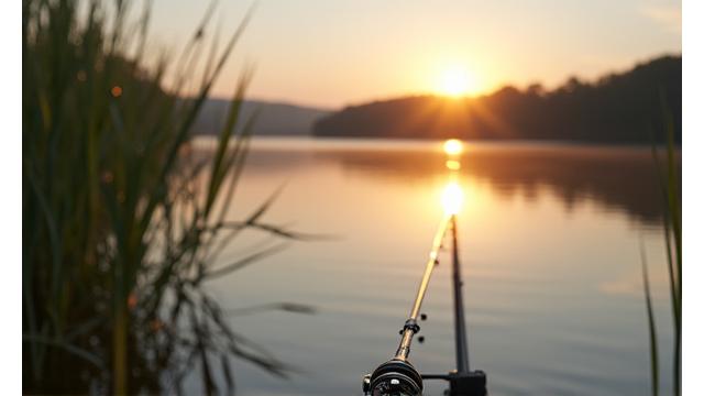 Pescatore di feeder in riva a un lago, la canna Giada Ami posizionata su un rod pod, in attesa di una cattura di carpa.