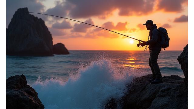Pescatore con canna Giada Ami in azione su una scogliera rocciosa al tramonto, mentre recupera una spigola nel mare mosso.