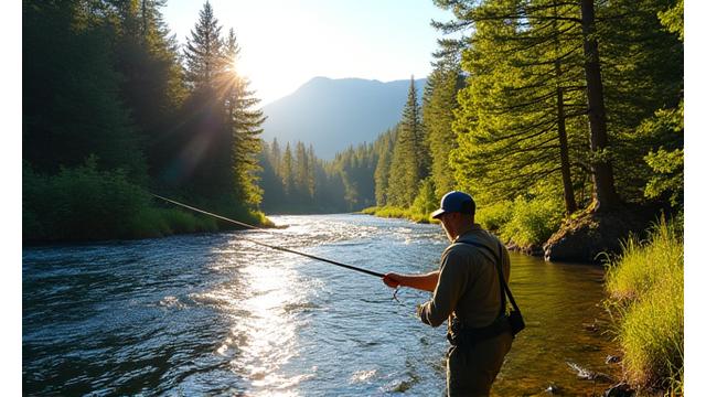 Pescata a spinning in un fiume di montagna, con una canna Giada Ami utilizzata per catturare una trota in acque cristalline.