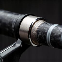 Primo piano degli anelli Fuji K-Series in SiC, con il loro design anti-groviglio e la superficie interna lucida, montati su una canna da pesca.