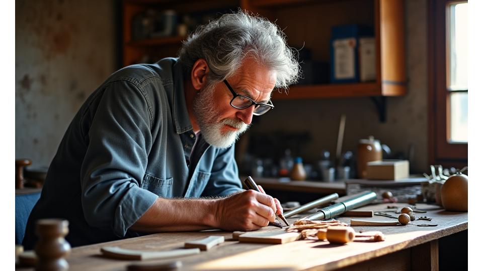 Roberto De Luca che lavora su un prototipo di canna da pesca nel suo laboratorio originale a Genova nel 2008