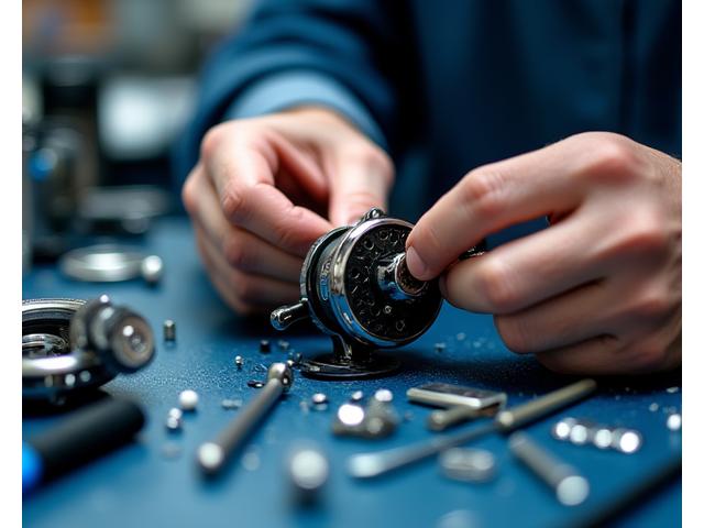 Mani di un tecnico specializzato che lavorano su un mulinello da pesca, mostrando attenzione ai dettagli.