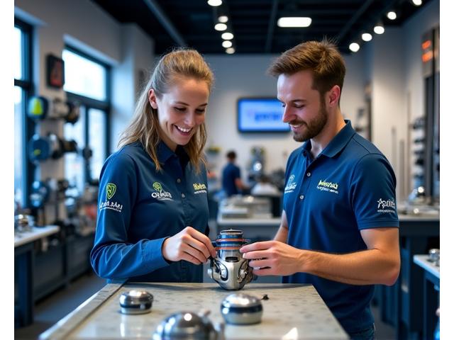 Interno dello showroom Giada Ami a Genova con attrezzatura da pesca esposta e un consulente che parla con un cliente.