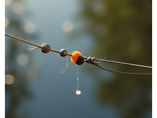 Primo piano di un montaggio feeder con uno shock leader in fluorocarbon, pronto per la carpfishing.