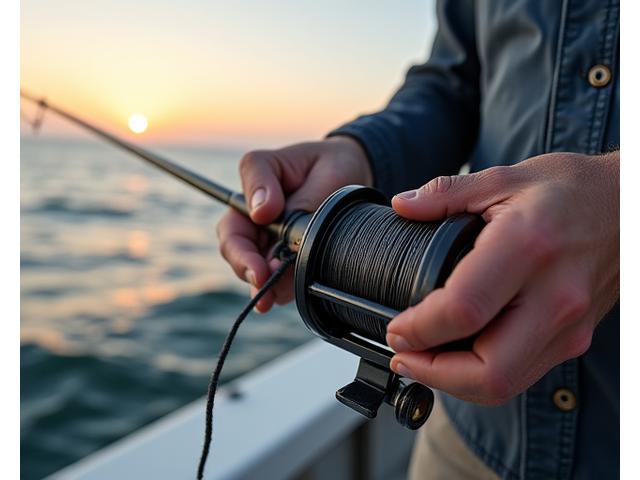 Mani di un pescatore professionista che prepara una bobina di filo di grandi dimensioni su una barca da pesca.
