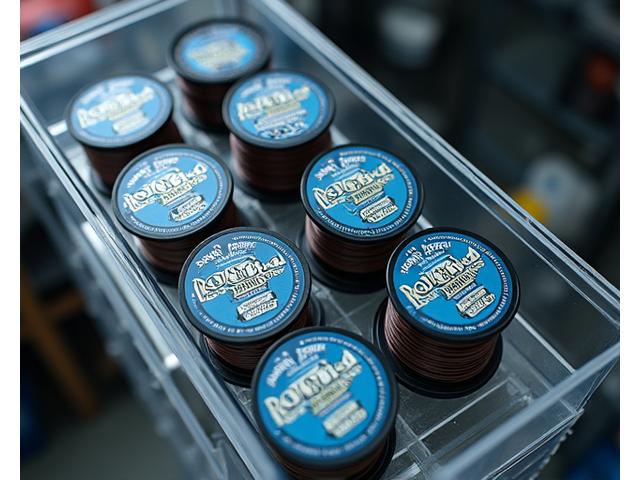 Bobine di filo da pesca ordinatamente conservate in una scatola protettiva, al riparo dalla luce.