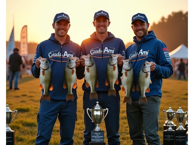 Squadra di pescatori agonistici che festeggia una vittoria, con trofei e equipaggiamento Giada Ami in bella mostra.
