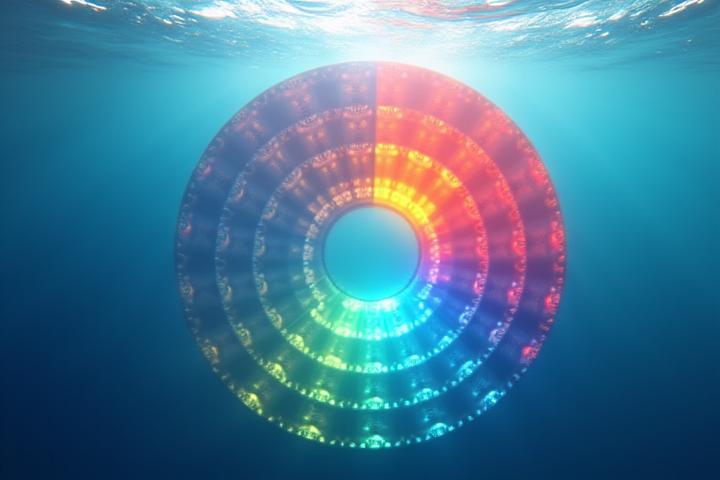 Una ruota dei colori subacquea che mostra come le diverse tonalità appaiono a varie profondità e in diverse condizioni di luce, con particolare attenzione ai colori visibili ai predatori.