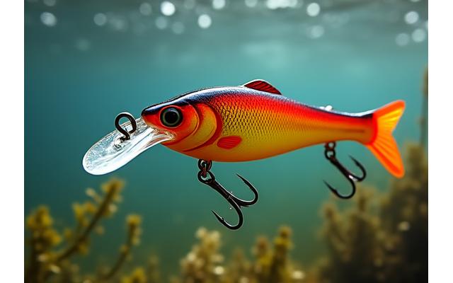 Un crankbait in azione sott'acqua, con una scia di movimento che indica la profondità e la velocità di affondamento.