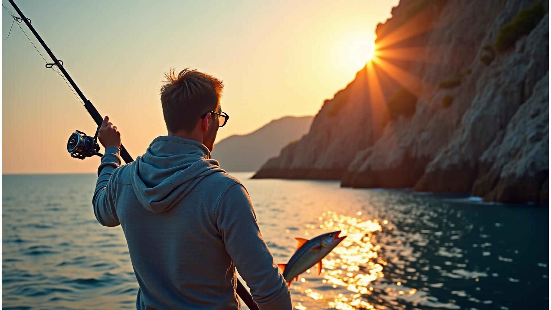 Pescatore professionista in azione al tramonto con canna Giada Ami su una scogliera Ligure