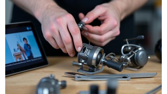 Pescatori che seguono un video tutorial sulla manutenzione del mulinello