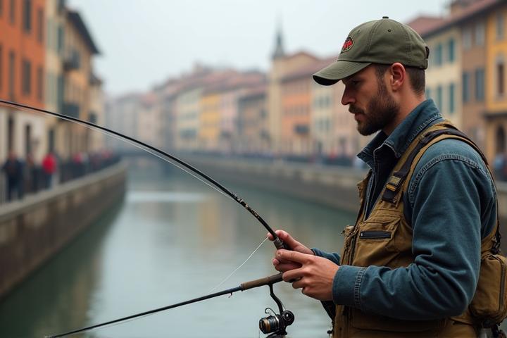 Pescatore con attrezzatura compatta per pesca urbana a Genova