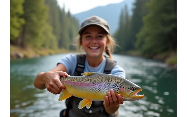 Giovane pescatrice principiante Giulia Neri con la sua prima trota