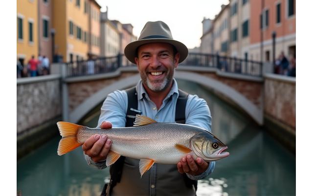 Pescatore urbano Giuseppe Verdi con una grande cattura a Genova
