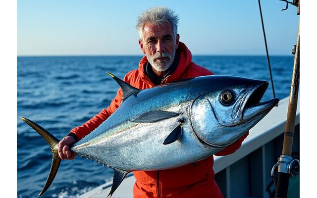 Pescatore esperto Antonio Rossi felice con un tonno pescato in mare aperto