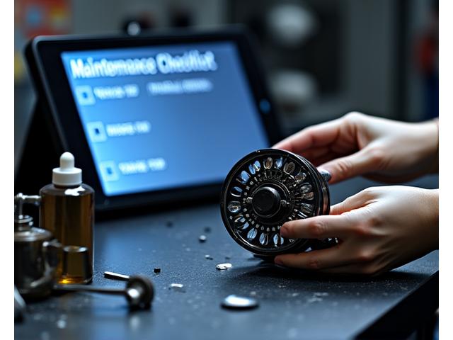 Video tutorial che mostra un tecnico Giada Ami smontare, pulire e lubrificare un mulinello da pesca con un kit di manutenzione specifico. Una checklist laterale con i passaggi chiave è visibile.