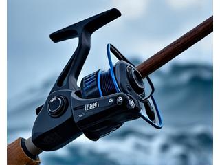 Mulinello da spinning robusto serie 4000-8000 Giada Ami su una canna da mare, con un pesce di grossa taglia in simulazione, in primo piano contro il mare agitato.