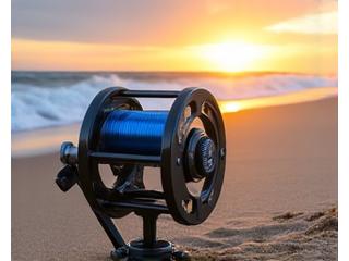 Mulinello long cast ad alta capacità Giada Ami in una scena di pesca surf casting sulla spiaggia con le onde che si infrangono in sottofondo.