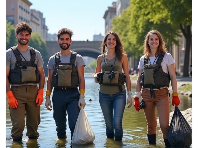 Gruppo di pescatori urbani che puliscono sponde di un fiume cittadino