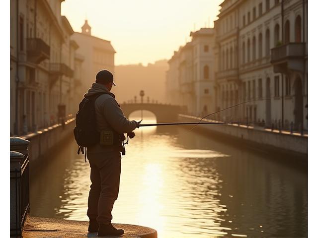 Pescatore in un contesto urbano, con edifici sullo sfondo e attrezzatura da pesca discreta.