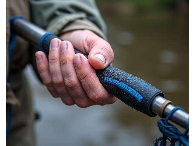 Primo piano di impugnatura antiscivolo di un guadino in mano ad un pescatore.