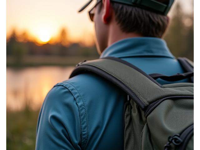 Primo piano su uno spallaccio imbottito di una borsa da pesca Giada Ami, con cuciture rinforzate e materiale traspirante, in uso su un pescatore