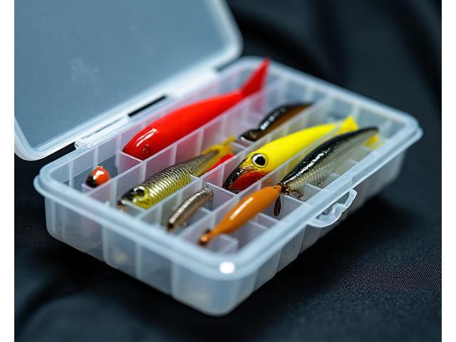 Primo piano su un sistema di storage per esche Giada Ami, mostrando scomparti ben organizzati con diverse tipologie di esche artificiali