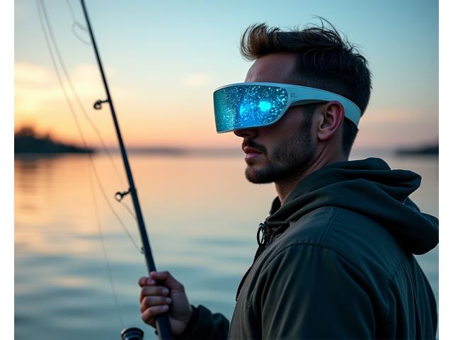 Pescatore che utilizza occhiali AR per visualizzare dati sott'acqua.