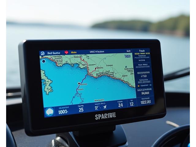 Schermata di un sistema GPS di pesca con punti waypoint e dati meteo.