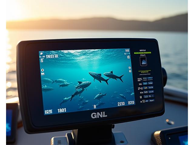 Fish finder di nuova generazione con display interattivo che mostra l'identificazione AI dei pesci in acqua.