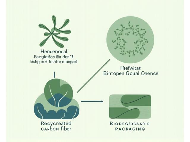 Infografica che mostra materiali sostenibili come bioplastiche e fibra di carbonio riciclata.